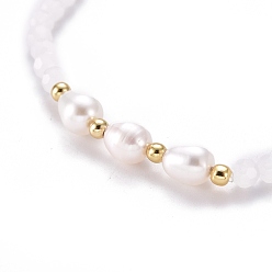 White Faceted Glass Beaded Stretch Bracelets, with Natural Pearl Beads and Golden Plated Brass Beads, White, Inner Diameter: 2-1/4 inch(5.7cm)
