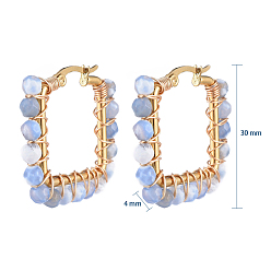Pierre Mélangete 201 boucles d'oreilles en acier inoxydable, boucles d'oreilles en perles, avec des perles naturelles de pierres précieuses, rectangle, or, 28.5x31x4mm, pin: 1x0.6 mm