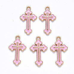 Pink Alloy Enamel Pendants, Cross, Light Gold, Pink, 25x14x2mm, Hole: 1.8mm