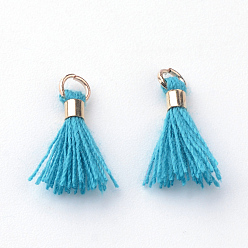 Dodger Blue Polycotton(Polyester Cotton) Tassel Pendant Decorations, with Unwelded Iron Jump Rings, Golden, Dodger Blue, 10~16x2mm, Hole: 1.5mm