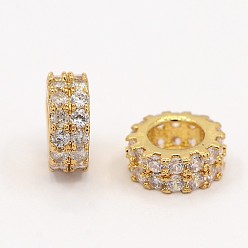 Golden Brass Micro Pave Cubic Zirconia Beads Flat Round Spacer, Golden, 7.5x3mm, Hole: 4mm
