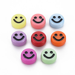 Mixed Color Opaque Acrylic Beads, with Enamel, Flat Round with Smile Face, Mixed Color, 10x5mm, Hole: 2mm, about 1450pcs/500g