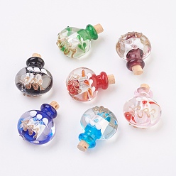Mixed Color Handmade Silver Foil Lampwork Perfume Bottle Pendants, Essential Oil Bottle, with Gold Sand, Mixed Color, 29.5~30mm, Hole: 5mm, Bottle Capacity: 0.5~1ml(0.017~0.03 fl. oz)