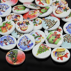 Mixed Color Holiday Buttons, 2-Hole Dyed Flat Round Printed Wooden Sewing Buttons for Christmas, Mixed Color, 15x4mm, Hole: 1.5mm