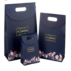 Prussian Blue Rectangle Paper Flip Gift Bags, with Handle & Word & Floral Pattern, Shopping Bags, Prussian Blue, 19x9.1x26.2cm