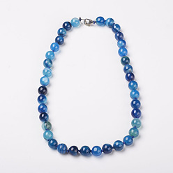 Blue Natural Dyed Agate Beads Necklaces, with Brass Lobster Claw Clasps, Round, Blue, Beads: 6mm, 18.9 inch(48cm)