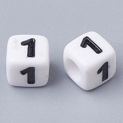 White Acrylic Beads, Cube with Number, White, 6x6x6mm, Hole: 3mm, about 2600pcs/500g