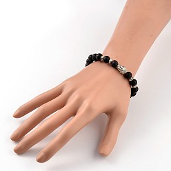 Lava Rock Trendy Natural Lava Rock Beaded Stretch Bracelets, with Tibetan Style Antique Silver Alloy Findings, 57mm