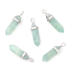 Fluorite Natural Fluorite Double Terminated Pointed Pendants, with Random Alloy Pendant Hexagon Bead Cap Bails, Bullet, Platinum, 37~40x12mm, Hole: 3mm