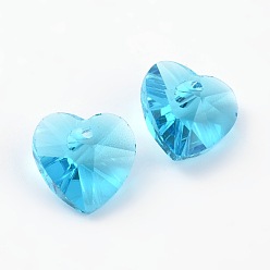 Deep Sky Blue Romantic Valentines Ideas Glass Charms, Faceted Heart Charm, Deep Sky Blue, 10x10x5mm, Hole: 1mm