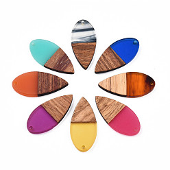 Mixed Color Transparent Resin & Walnut Wood Pendants, Teardrop Shape Charm, Mixed Color, 38x18x3mm, Hole: 2mm
