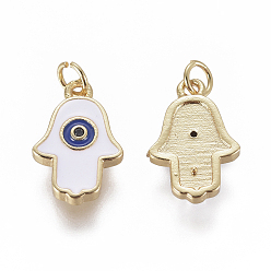 Mixed Color Enamel Charms, with Brass Findings and Cubic Zirconia, Hamsa Hand/Hand of Fatima/Hand with Eye, Golden, Mixed Color, 14.5x10x2mm, Hole: 3mm