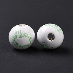 Light Green Easter Theme Printed Wood European Beads, Large Hole Beads, Round with Rabbit Pattern, Light Green, 16x14.5mm, Hole: 4mm