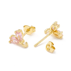 Pink Rack Plating Brass Cubic Zirconia Stud Earrings Findings, Real 18K Gold Plated, with Loop, Cadmium Free & Lead Free, Heart, Pink, 9x8.5mm, Hole: 1.5mm, Pin: 1mm
