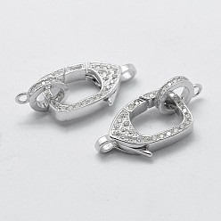 Platinum Rhodium Plated 925 Sterling Silver Cubic Zirconia Lobster Claw Clasps, with 925 Stamp, Rectangle, Platinum, 25x12x3mm, Hole: 1mm and 2mm