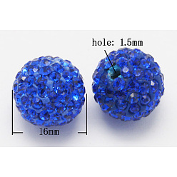 Sapphire Grade A Rhinestone Pave Disco Ball Beads, for Unisex Jewelry Making, Round, Sapphire, PP13(1.9~2mm), 16mm, Hole: 1.5mm