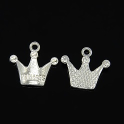 Silver Tibetan Style Pendant Rhinestone Settings, Crown, Lead Free and Cadmium Free, with Word Princess, Silver, 19x17mm, Hole: 2mm