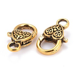 Antique Golden Tibetan Style Heart Lobster Claw Clasps, Cadmium Free & Lead Free, Antique Golden, 26.5x14x6mm, Hole: 4mm