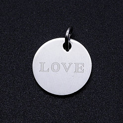 Stainless Steel Color 201 Stainless Steel Charms, with Jump Rings, Flat Round with Word LOVE, Stainless Steel Color, 12x1mm, Hole: 3mm