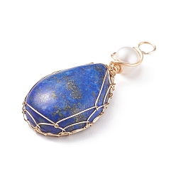 Lapis Lazuli Natural Lapis Lazuli Copper Wire Wrapped Pendants, with Grade A Natural Cultured Freshwater Pearl, Real 18K Gold Plated, Teardrop, 38~43x19~19.5x8~8.5mm, Hole: 3.5~3.8mm