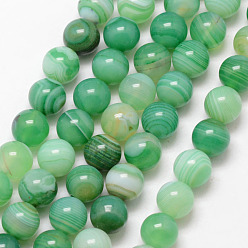 Medium Sea Green Natural Striped Agate/Banded Agate Bead Strands, Round, Grade A, Dyed & Heated, Medium Sea Green, 10mm, Hole: 1mm, about 37pcs/strand, 15 inch