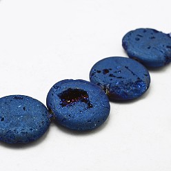 Blue Plated Electroplated Natural Druzy Geode Crystal Beads Strands, Flat Round, Dyed, Blue Plated, 30x7~8mm, Hole: 2mm, about 7pcs/strand, 8.26 inch(21cm)