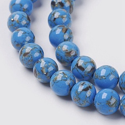 Dodger Blue Sea Shell and Synthetic Turquoise Assembled Beads Strands, Round, Dodger Blue, 6mm, Hole: 1.2mm, about 65pcs/strand, 15.7 inch(40cm)