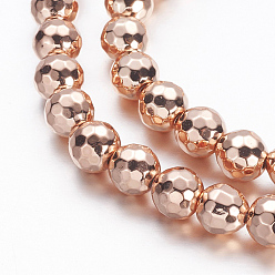 Rose Gold Plated Electroplate Non-magnetic Synthetic Hematite Beads Strands, Faceted(128 Facets), Round, Rose Gold Plated, 6mm, Hole: 0.8mm, about 60pcs/strand, 15.7 inch