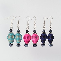 Mixed Color Halloween Synthetic Howlite Skull Dangle Earrings, with Glass Beads and Brass Earring Hooks, Mixed Color, 58mm, Pin: 0.7mm