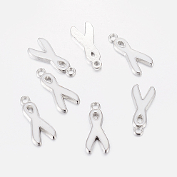 White Alloy Enamel Pendants, Lead Free and Cadmium Free, Awareness Ribbon, Platinum Metal Color, White, 19x8x1mm, Hole: 2mm