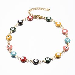 Colorful 304 Stainless Steel Link Bracelets, Evil Eye, Real 18k Gold Plated, Colorful, 9-5/8 inch(24.5cm)