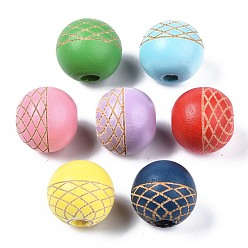 Mixed Color Painted Natural European Wood Beads, Laser Engraved Pattern, Large Hole Beads, Round, Mixed Color, 16x15mm, Hole: 4mm