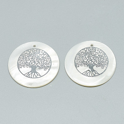 Platinum Freshwater Shell Pendants, Covered with Iron Findings, Flat Round with Mixed Shape Pattern, Platinum, 30~31x2~3mm, Hole: 1.8mm