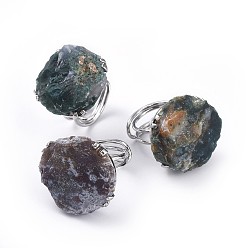 Indian Agate Adjustable Natural Rough Raw Indian Agate Finger Rings, with Brass Findings, Nuggets, Platinum, Size 8~9, 18~19.5mm
