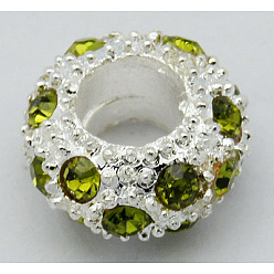 Olivine Perles européennes en strass d'alliage , Perles avec un grand trou   , rondelle, de couleur métal argent, olivine, 11x6mm, Trou: 5mm