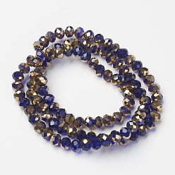 Dark Blue Electroplate Transparent Glass Beads Strands, Half Golden Plated, Faceted, Rondelle, Dark Blue, 3x2mm, Hole: 0.8mm, about 150~155pcs/strand, 15~16 inch(38~40cm)