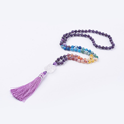 Mixed Stone Frosted Natural Weathered Agate and Gemstone Necklace, with Nylon Tassel Pendants, 34.6 inch(88cm)