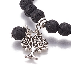 Lava Rock Chakra Jewelry, Natural Lava Rock Bracelets, with Metal Tree Pendants, 50mm