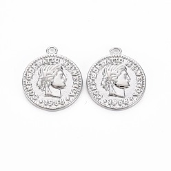 Real Platinum Plated Brass Coin Charms, Flat Round, Nickel Free, Real Platinum Plated, 19x16x2mm, Hole: 1.6mm