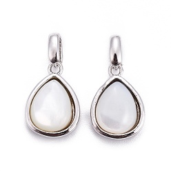 Platinum Natural White Shell Mother of Pearl Shell Charms, with Brass Findings, Teardrop, Platinum, 14.5x10x4.5mm, Hole: 3x4mm