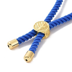 Blue Cotton Cord Bracelet Making, with Brass Findings, Flat Round with Tree of Life, Real 18K Gold Plated, Blue, 8-5/8 inch(22cm), Hole: 2mm