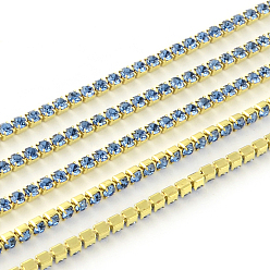 Light Sapphire Nickel Free Raw(Unplated) Brass Rhinestone Strass Chains, Rhinestone Cup Chain, 2880pcs rhinestone/bundle, Grade A, Light Sapphire, 2.2mm, about 23.62 Feet(7.2m)/bundle