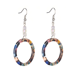 Clear AB Cellulose Acetate(Resin) Dangle Earrings, with Cube Glass Beads and Platinum Plated Brass Earring Hooks, Ring, Clear AB, 69~70mm, Pin: 0.6mm