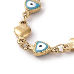 Blue Ion Plating(IP) 304 Stainless Steel Link Chain Bracelets, with Enamel and Lobster Claw Clasps, Heart with Evil Eye, Blue, 7-1/4 inch(18.5cm)