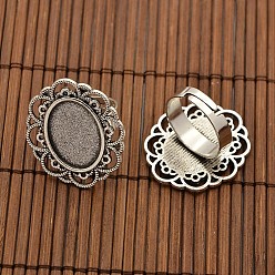 Argent Antique 13x18 mm ovales cabochons de verre transparent et fleurs de fer supports de bague cabochon alliage lunette pour bricolage, argent antique, 17 mm de diamètre intérieur, bac: 13x18 mm