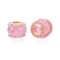Pearl Pink Rack Plating Alloy European Beads, with Resin and Sequins, Large Hole Beads, Cadmium Free & Lead Free, Rondelle, Rose Gold, Pearl Pink, 13.5x11mm, Hole: 4.5mm