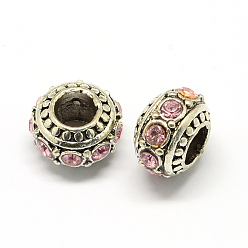 Light Rose Alloy Rhinestone European Beads, Rondelle Large Hole Beads, Light Rose, 11x7mm, Hole: 4.5mm