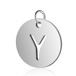 Letter Y 304 Stainless Steel Charms, Flat Round with Letter, Stainless Steel Color, Letter.Y, 12x1mm, Hole: 2.5mm