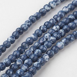 Bleu Royal Blanc brins de perles de jade naturels, ronde, teint, bleu royal, 4mm, Trou: 1mm, Environ 104 pcs/chapelet, 15.7 pouces (400 mm)