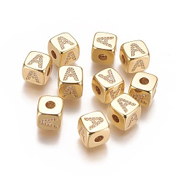 Letter A Brass Micro Pave Cubic Zirconia Beads, Horizontal Hole, Real 18K Gold Plated, Long-Lasting Plated, Cube with Letter, Clear, Letter.A, 9x9x9mm, Hole: 3.5mm